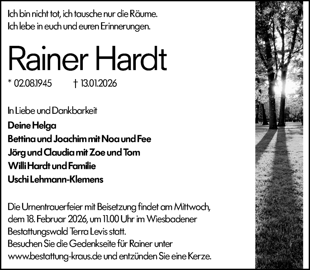  Traueranzeige für Rainer Hardt vom 07.02.2026 aus Wiesbadener Kurier