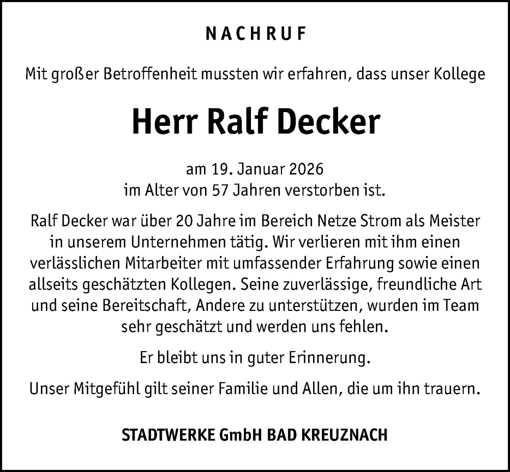  Traueranzeige für Ralf Decker vom 04.02.2026 aus Allgemeine Zeitung Rheinhessen-Nahe