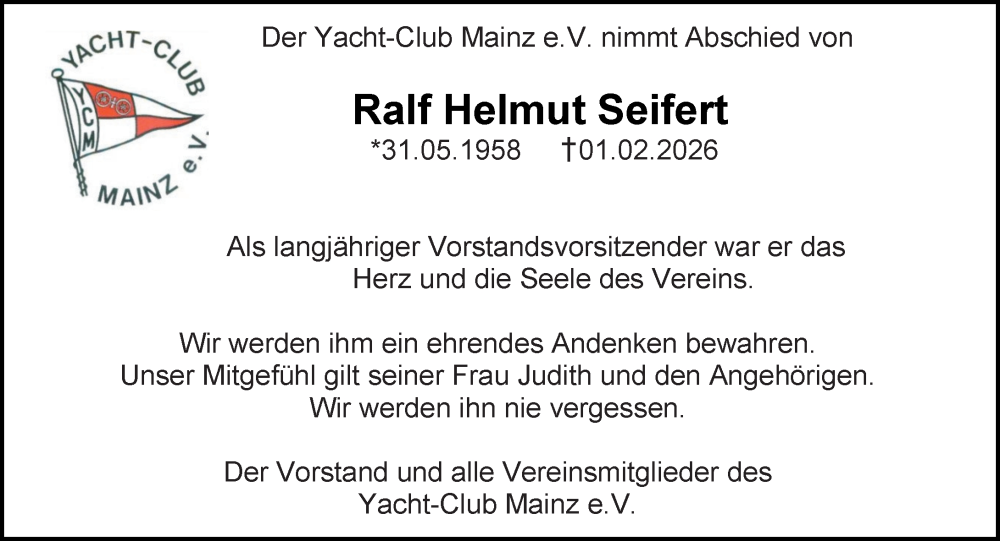 Traueranzeige für Ralf Helmut Seifert vom 14.02.2026 aus Allgemeine Zeitung Mainz