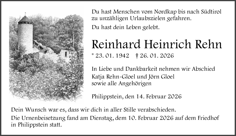  Traueranzeige für Reinhard Heinrich Rehn vom 14.02.2026 aus Wetzlarer Neue Zeitung