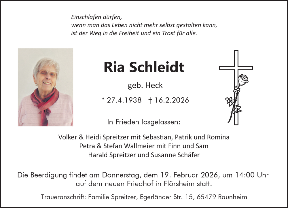  Traueranzeige für Ria Schleidt vom 18.02.2026 aus Rüsselsheimer Echo
