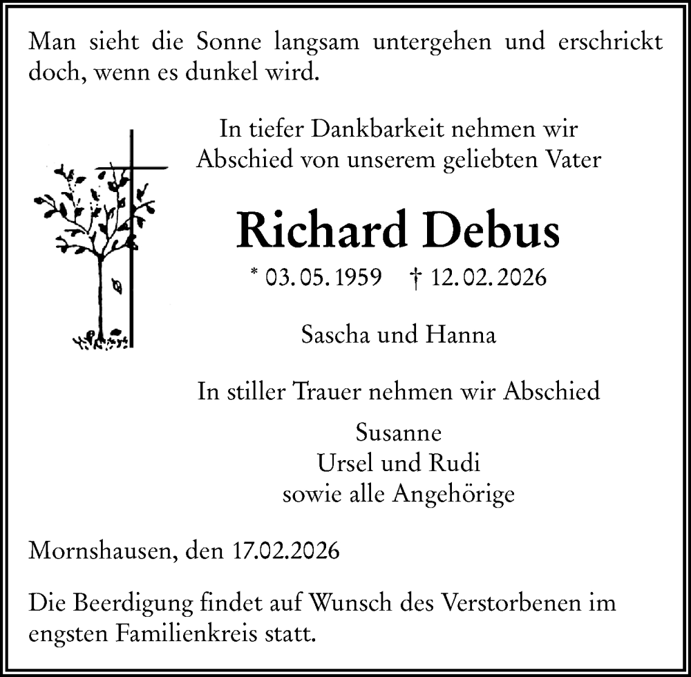  Traueranzeige für Richard Debus vom 17.02.2026 aus Hinterländer Anzeiger