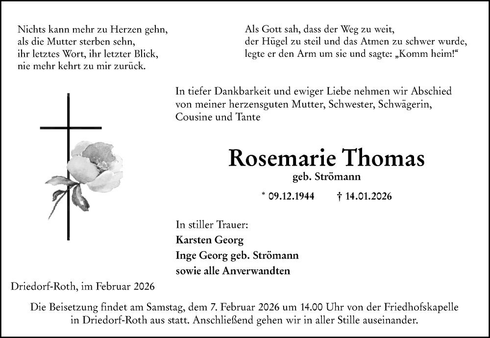  Traueranzeige für Rosemarie Thomas vom 04.02.2026 aus Dill Block