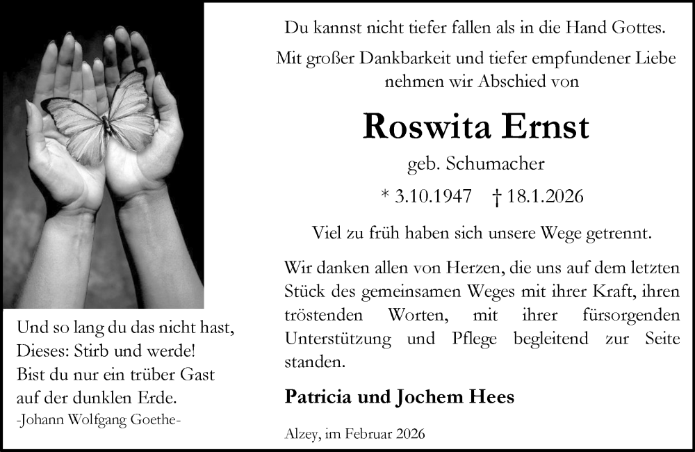  Traueranzeige für Roswita Ernst vom 07.02.2026 aus Allgemeine Zeitung Alzey