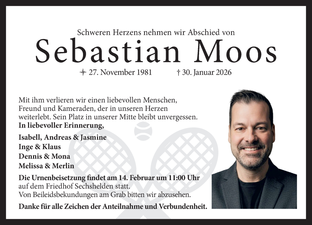  Traueranzeige für Sebastian Moos vom 12.02.2026 aus Dill Block