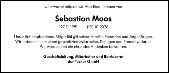 Traueranzeige von Sebastian Moos von Dill Block