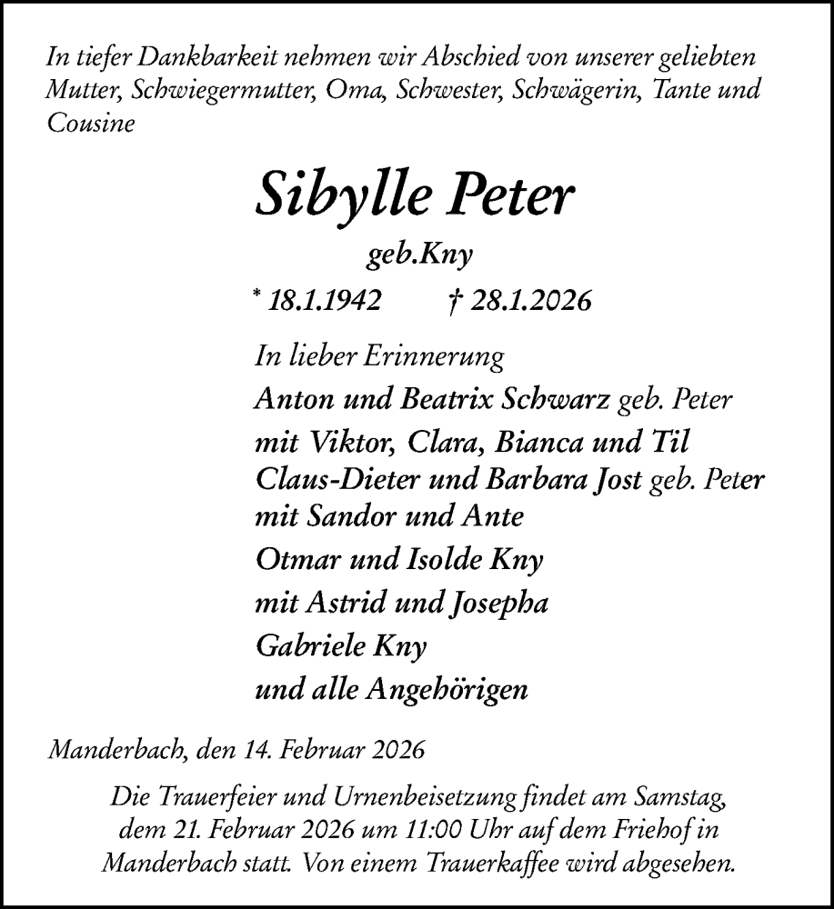  Traueranzeige für Sibylle Peter vom 14.02.2026 aus Dill Block