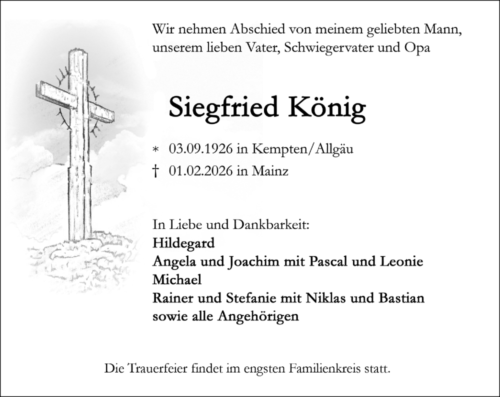  Traueranzeige für Siegfried König vom 07.02.2026 aus Allgemeine Zeitung Mainz