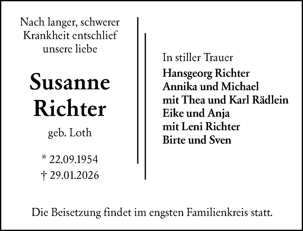  Traueranzeige für Susanne Richter vom 14.02.2026 aus Allgemeine Zeitung Mainz