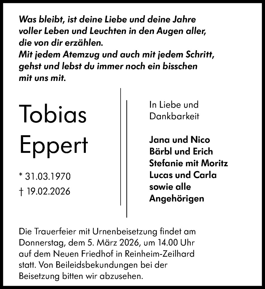  Traueranzeige für Tobias Eppert vom 28.02.2026 aus Darmstädter Echo