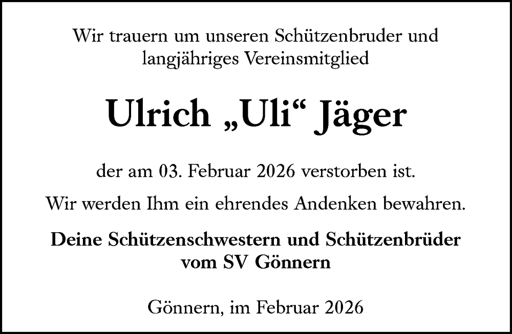  Traueranzeige für Ulrich Jäger vom 10.02.2026 aus Hinterländer Anzeiger