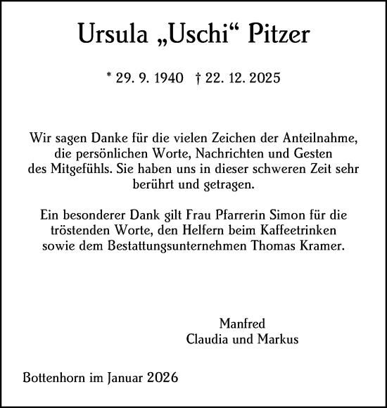Traueranzeige von Ursula Pitzer von Hinterländer Anzeiger