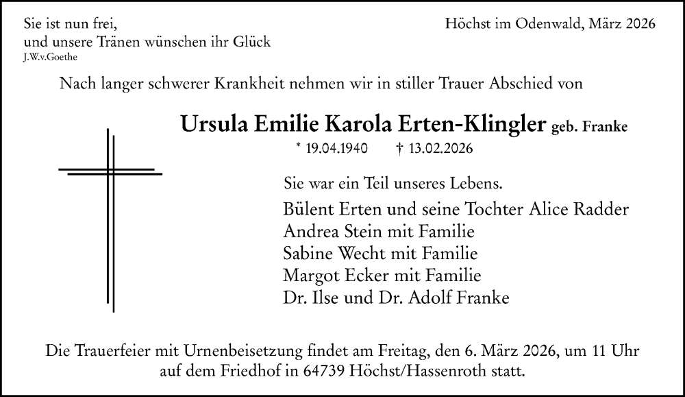  Traueranzeige für Ursula Emilie Karola Erten-Klingler vom 28.02.2026 aus Darmstädter Echo
