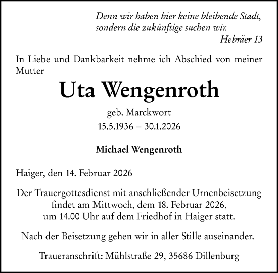 Traueranzeige von Uta Wengenroth von Dill Block