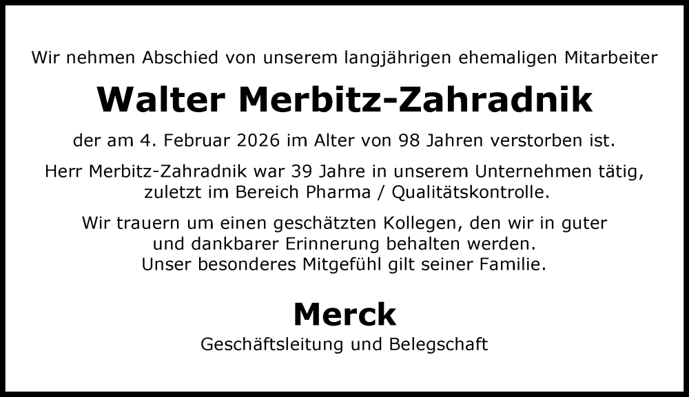  Traueranzeige für Walter Merbitz-Zahradnik vom 14.02.2026 aus Darmstädter Echo