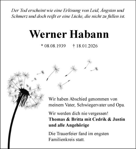 Traueranzeige von Werner Habann von Allgemeine Zeitung Mainz