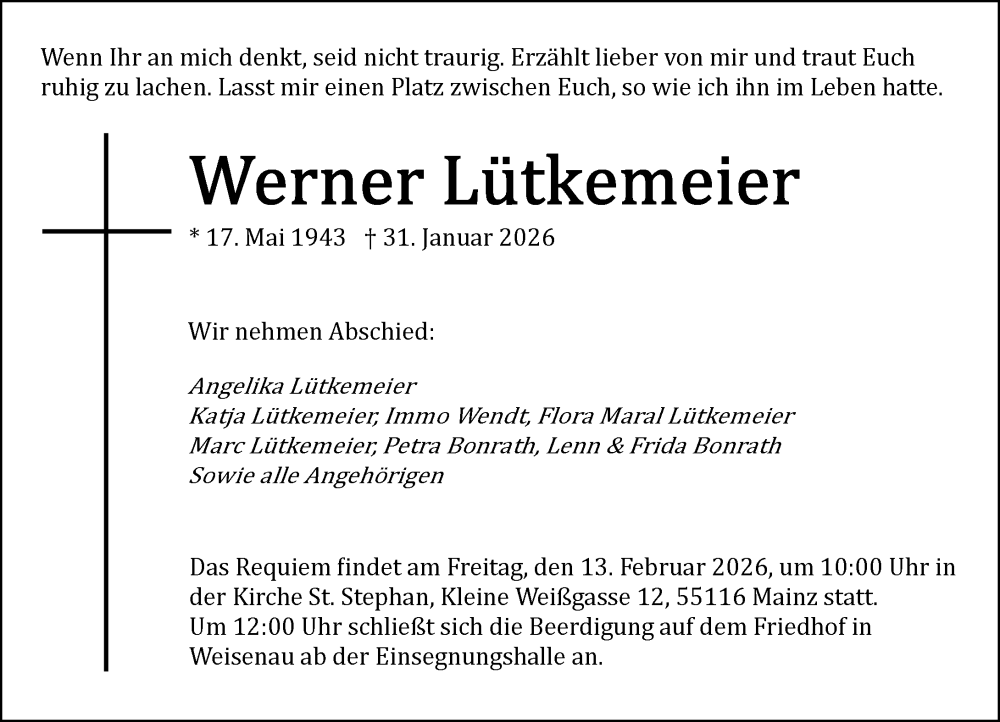  Traueranzeige für Werner Lütkemeier vom 07.02.2026 aus Allgemeine Zeitung Mainz
