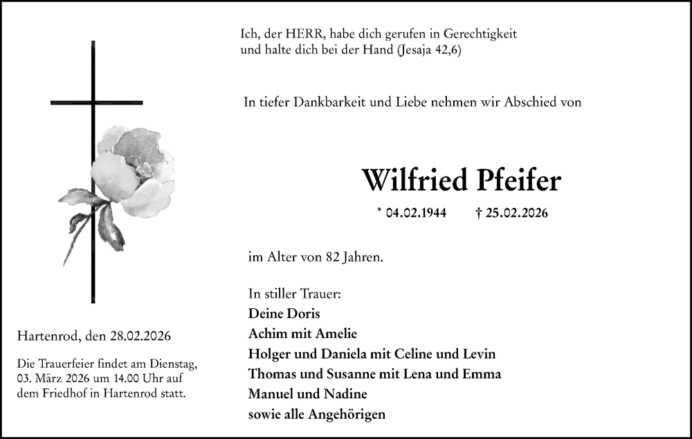  Traueranzeige für Wilfried Pfeifer vom 28.02.2026 aus Hinterländer Anzeiger
