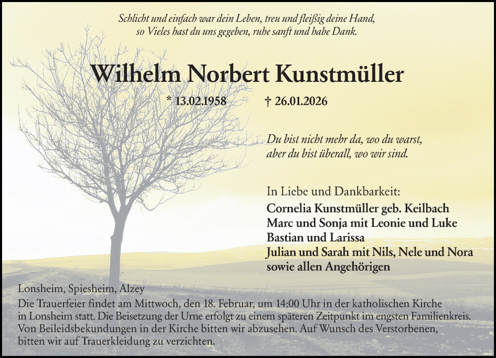  Traueranzeige für Wilhelm Norbert Kunstmüller vom 14.02.2026 aus Allgemeine Zeitung Alzey