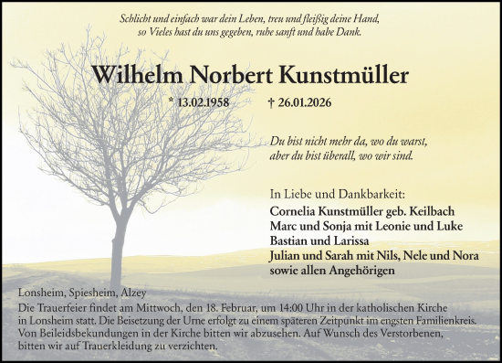 Traueranzeige von Wilhelm Norbert Kunstmüller von Allgemeine Zeitung Alzey