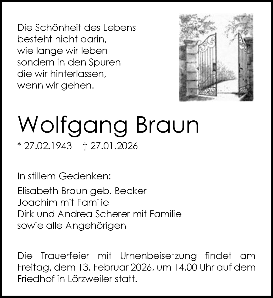  Traueranzeige für Wolfgang Braun vom 07.02.2026 aus Allgemeine Zeitung Mainz
