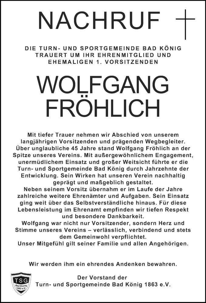  Traueranzeige für Wolfgang Fröhlich vom 21.02.2026 aus Odenwälder Echo