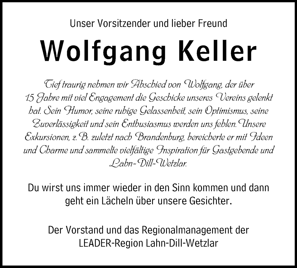  Traueranzeige für Wolfgang Keller vom 28.02.2026 aus Wetzlarer Neue Zeitung