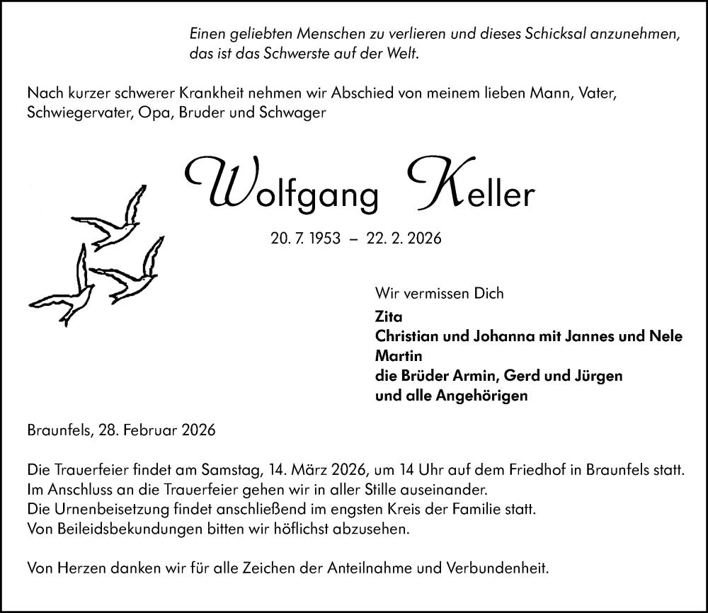 Traueranzeige für Wolfgang Keller vom 28.02.2026 aus Weilburger Tageblatt