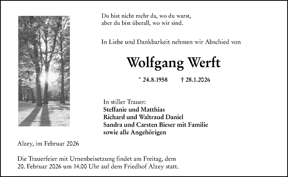  Traueranzeige für Wolfgang Werft vom 14.02.2026 aus Alzeyer Wochenblatt