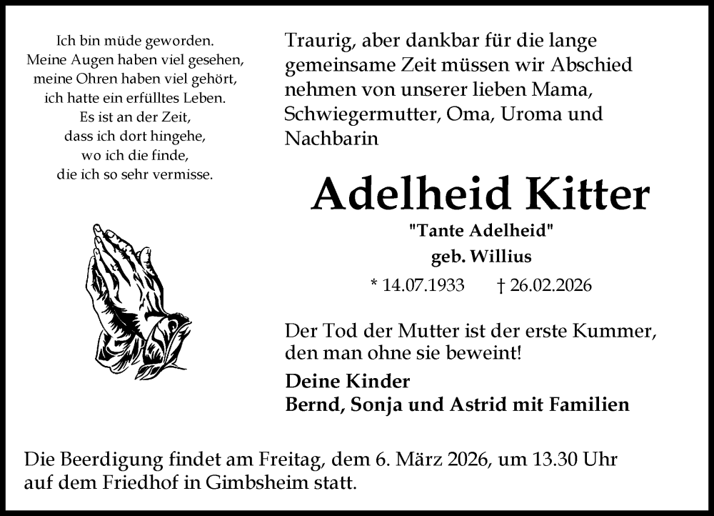  Traueranzeige für Adelheid Kitter vom 02.03.2026 aus Wormser Zeitung