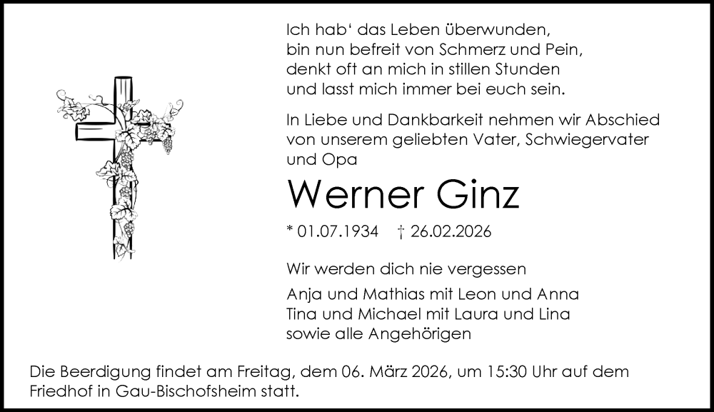  Traueranzeige für Werner Ginz vom 03.03.2026 aus Allgemeine Zeitung Mainz